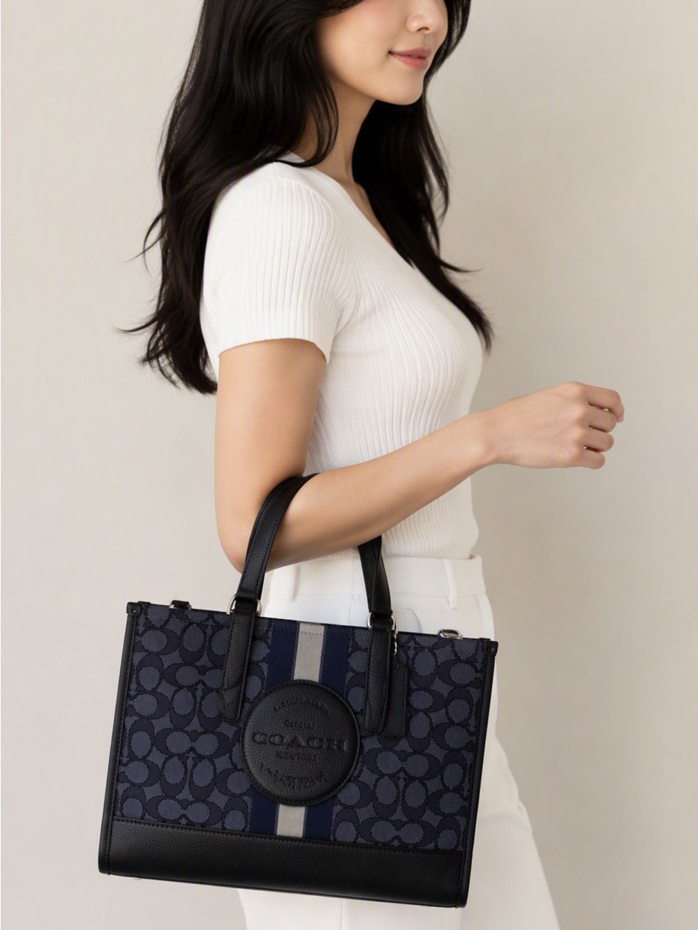 Coach Navy and Gray Signature Stripe Tote
